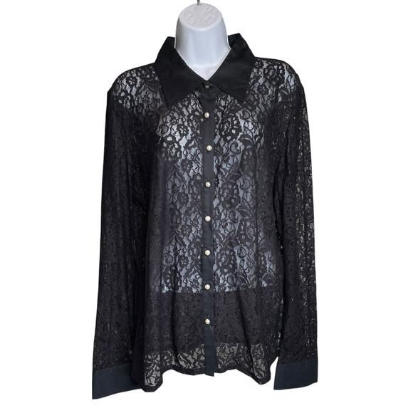 Provence d’Amour Women's Sheer Black Lace Button Up Blouse Size XL Glam‎ Goth - Picture 1 of 10